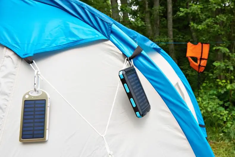 Solar chargers on a tent.