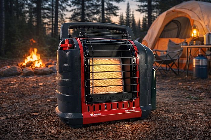 A camping heater in a campsite setting.