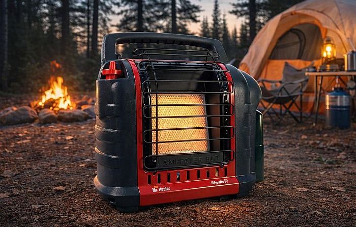 a camping heater at the campsite