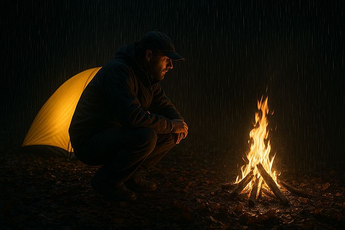 man by campfire in the rain