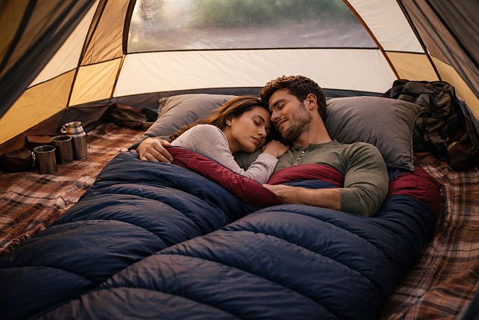 A couple in a double sleeping bag in a tent.