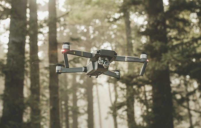 a drone in the woods
