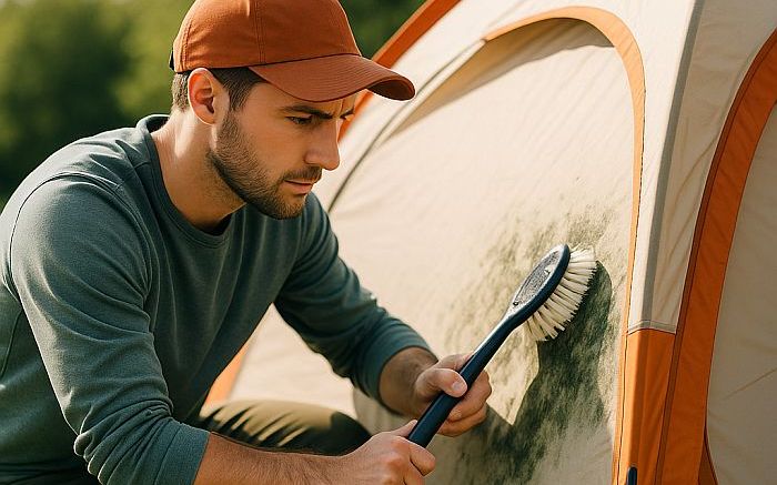 man cleaning a tent