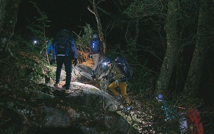 night hikers with headlamps