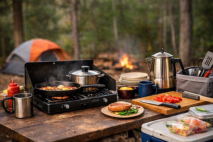 Camp cooking equipment on a table.