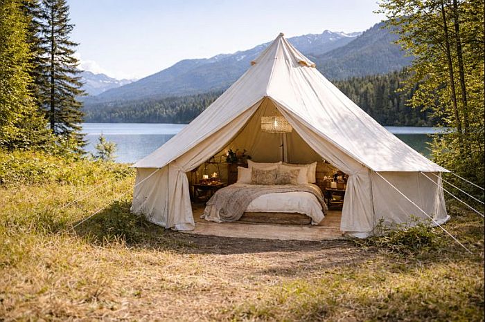 glamping tent on a lake