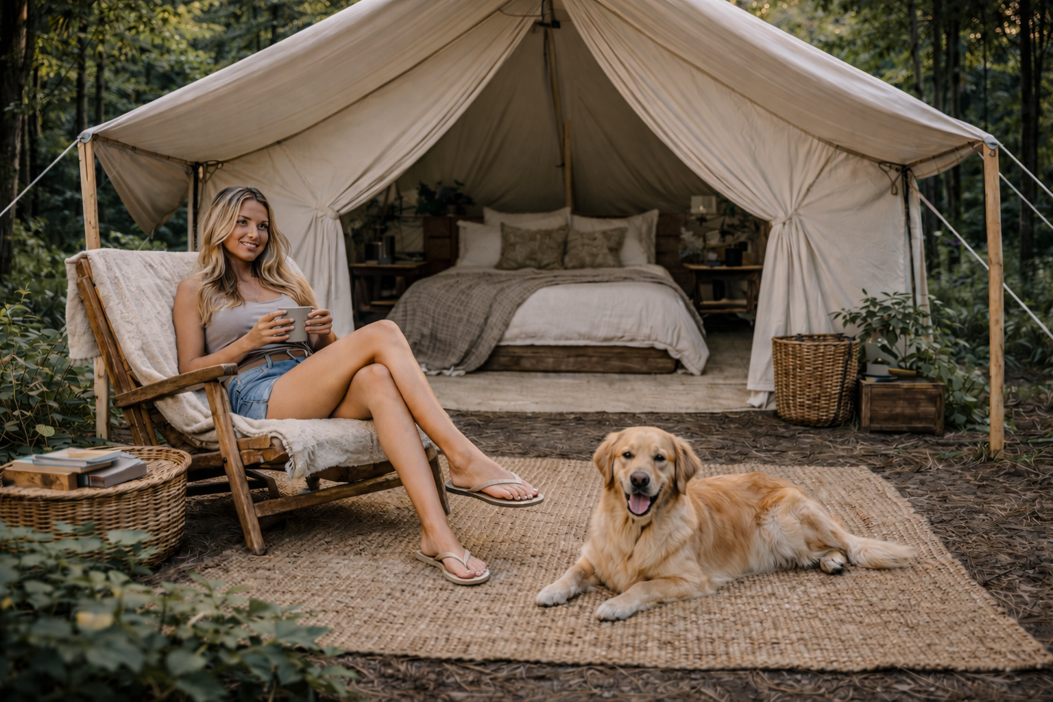 a woman and her dog in front of a wall tent