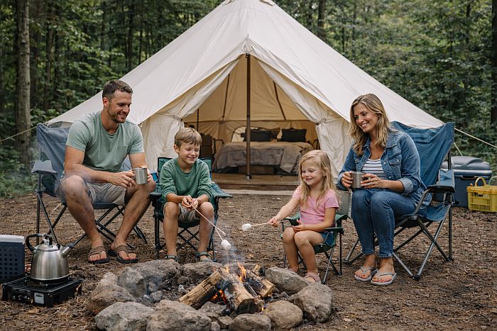 family around the campfire in front of a glamping tent