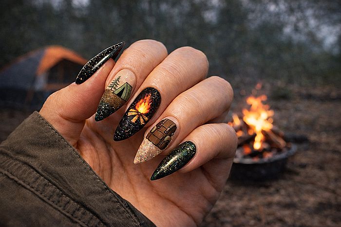 a woman's nails with a camping theme