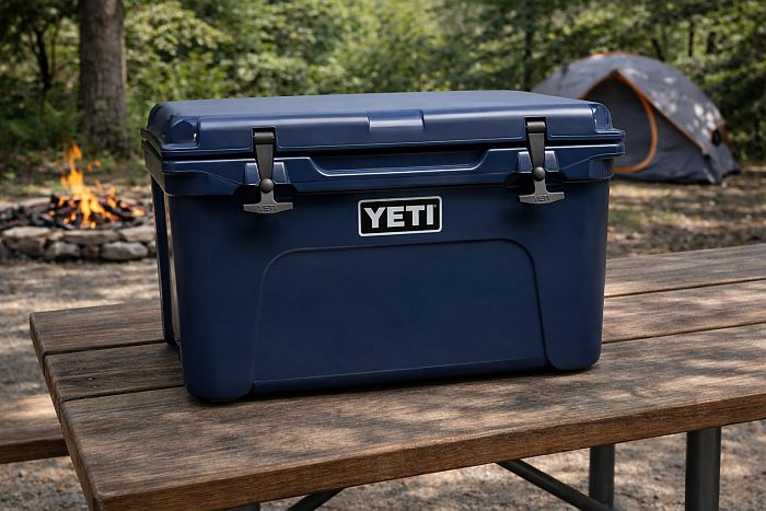 A YETI cooler on a picnic table.