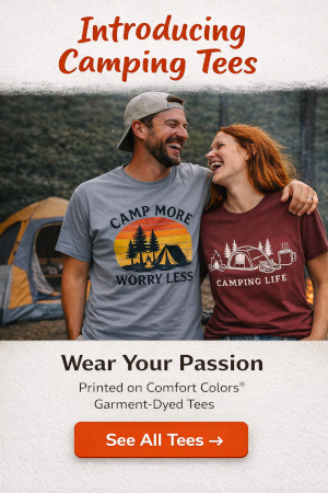 Man and woman wearing camping tees.