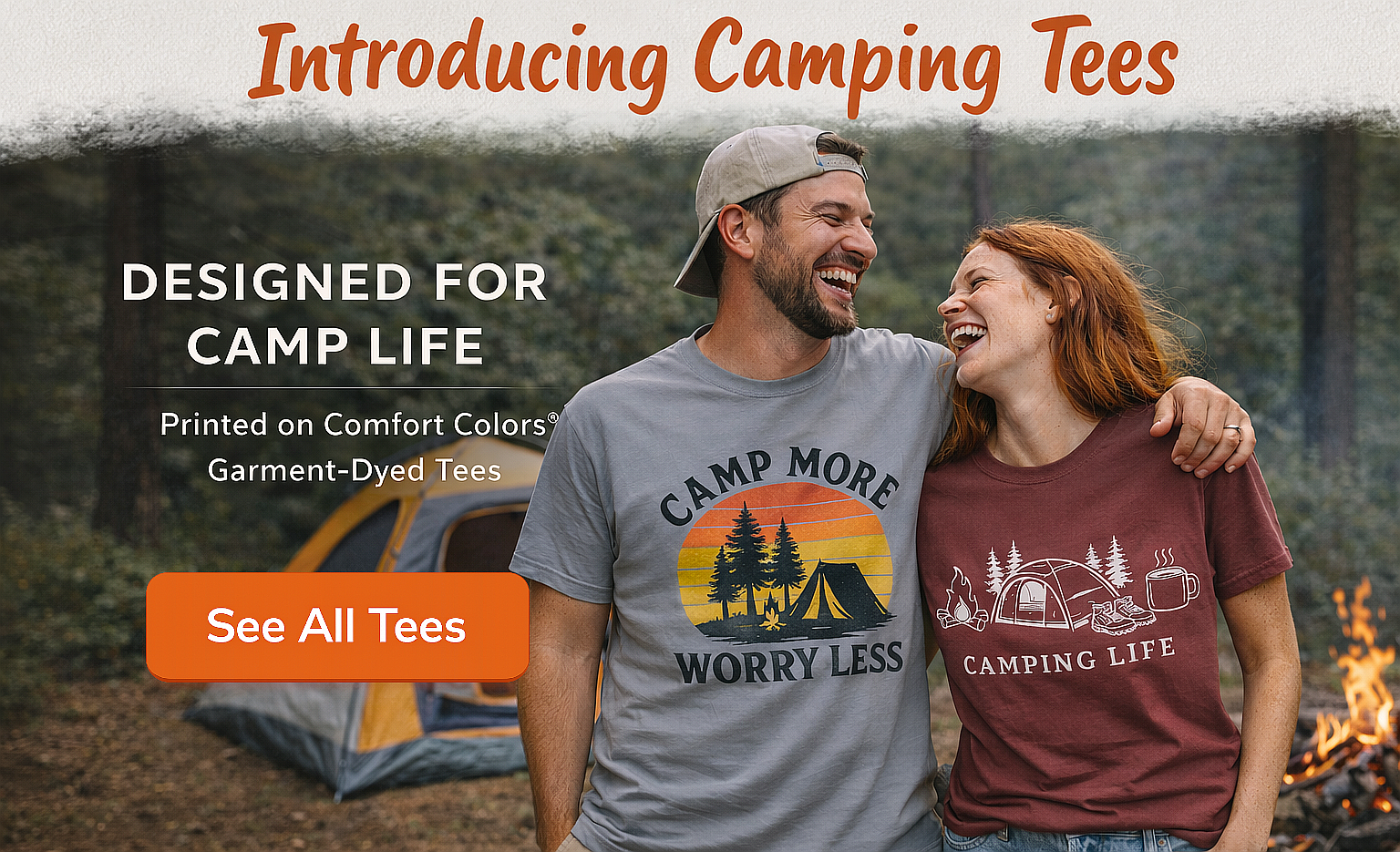 Man and woman at their campsite wearing camping tees.